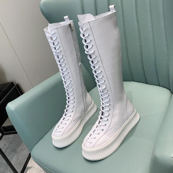 

prova perfetto genuine leather fashion thigh high boots round toe zipper pleated thick bottom non-slip casual shoes, Black