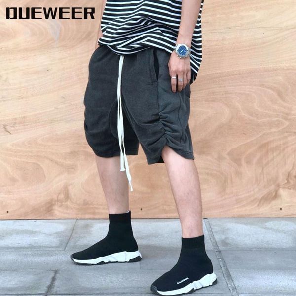 

dueweer oversized harem casual shorts vintage washed distressed hip hop pleated pants men knee length black baggy sweatpants, White;black