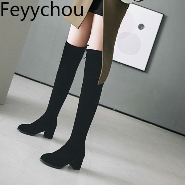 

boots women's autumn winter high heel lace up flock over-the knee round toe motorcycle stretch 2021 fashion red, Black