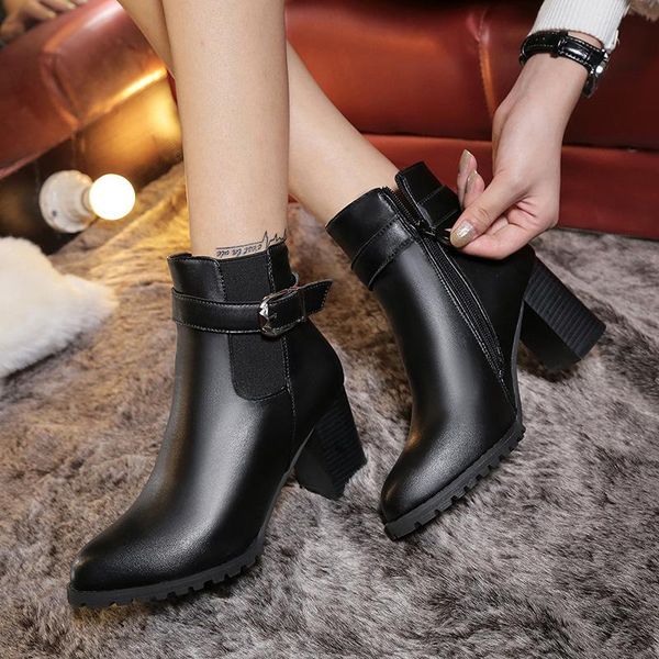 

square high heels ankle boots for women shoes new winter boots female platform zipper ladies shoes woman black leather
