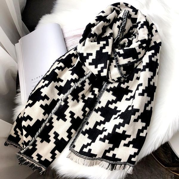 

scarves black white plaid soft cotton long scarf women winter thick warm lady cashmere houndstooth shawl tassel, Blue;gray
