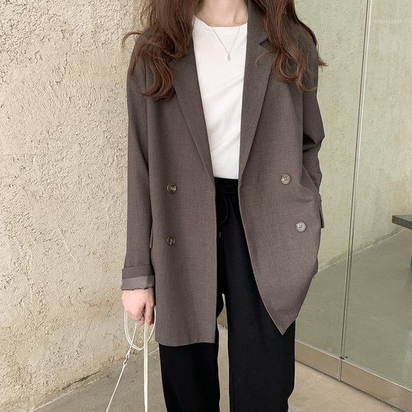 

2020 new korean long autumn sleeve loose casual coat suit double breasted pure color pockets women blazers and jackets1, White;black
