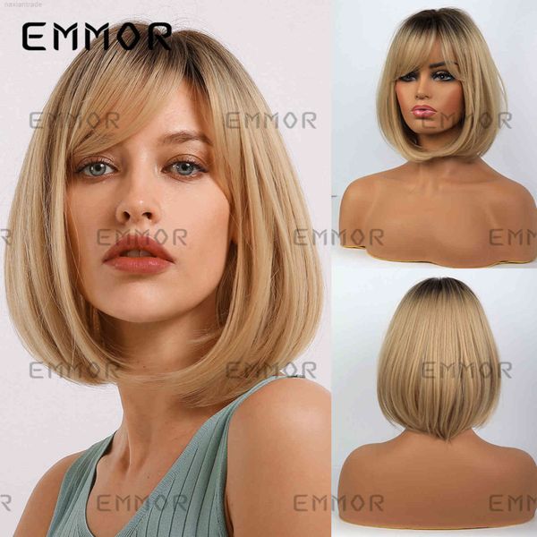 

emmor women qi bangs bob head gradient gold chemical fiber wig headcover