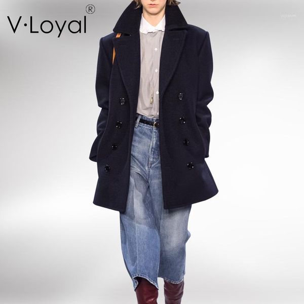 

utumn and winter new fashion loose middle and long double breasted woolen coat lapel woolen coat1, Black