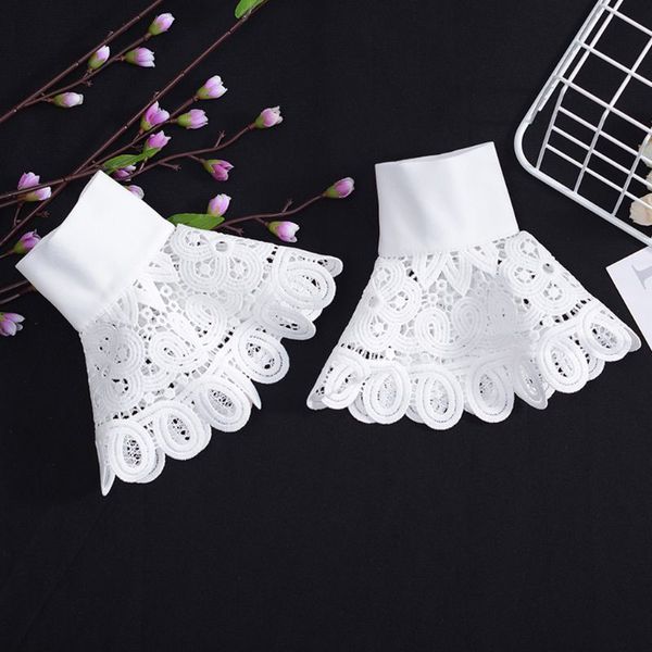 

korean vintage detachable flare sleeve fake cuffs hollow out embroidery floral lace lolita knitted sweater decorative wristband, Blue;gray