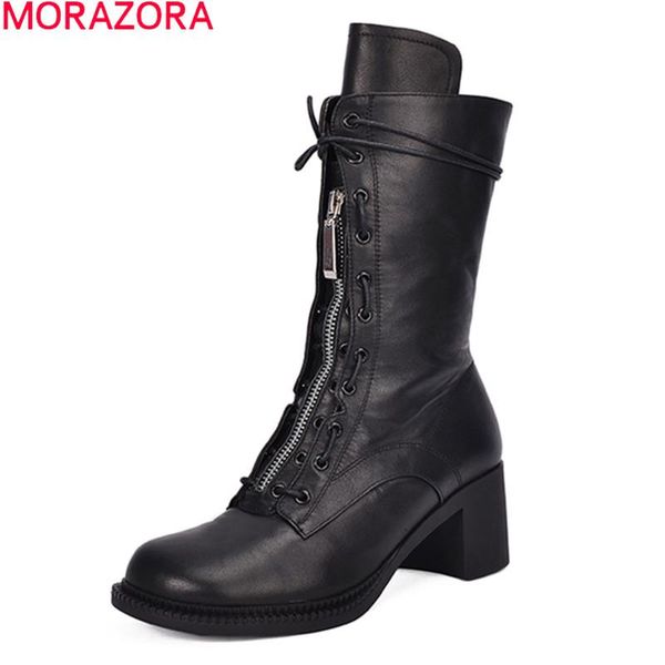 

boots morazora 2021 genuine leather women comfortable square heels winter ankle ladies shoes black white