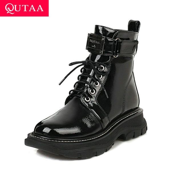 

qutaa 2021 ankle boots hook&loop lace up autumn winter women shoes pu leather casual round toe square heel short boots size34-41, Black