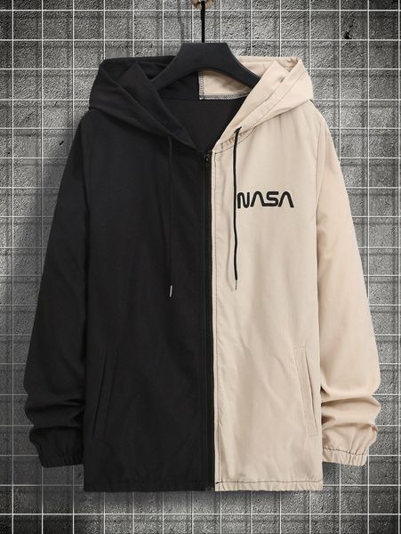 

men 1pc letter graphic two tone jacket u2am#, Black;brown