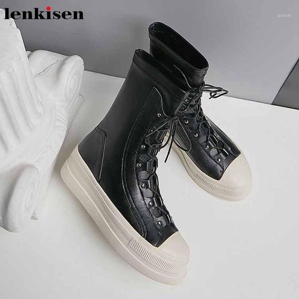 

lenkisen preppy style rivets lace up genuine leather boots round toe thick bottom mixed colors winter women mid-calf boots l321, Black