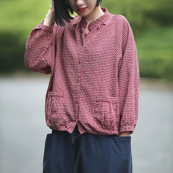

johnature women plaid shirts cotton linen blouses pockets 2021 autumn new casual female clothing vintage 3 color shirts, White