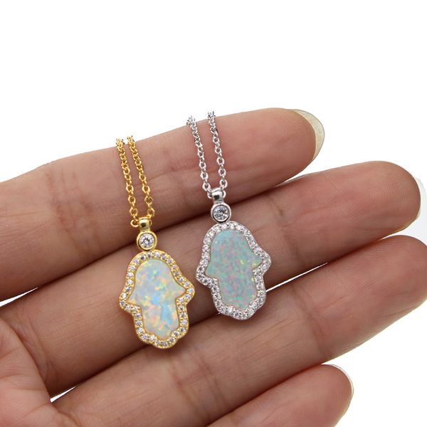 

fashion turkish hamsa hand pendant necklaces women ladies delicate dainty gold silver color white fire opal stone necklace q1113