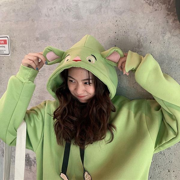 

cartoon ear hoodie 2020 new korea thick warm loose-fitting women's pullovers japan oversize, Black