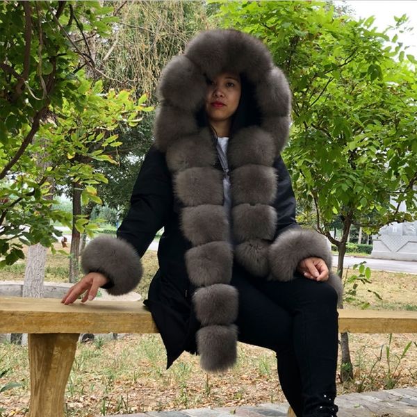 

womens jackets fox collar hooded parka, real rabbit fur lining warm winter coat qd.yishang 201112, Black
