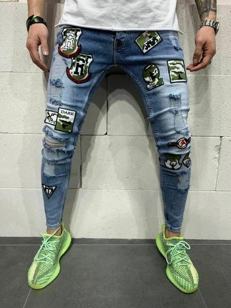 

2020 men badge hip hop skinny jeans fashion designer stretch streetwear denim trousers1, Blue