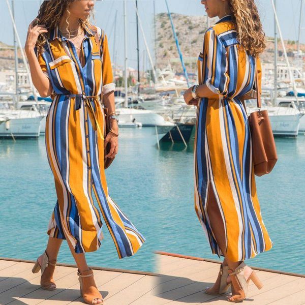 

womens long sleeves button down split blouse dress contrast colored vertical stripes v-neck lapel collar belted high waist shirt, Black;gray