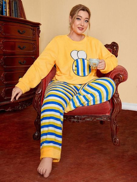 

plus cartoon pattern flannel & striped pants pj set w4wj#, Black;white