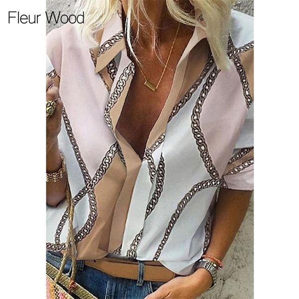 

fleur wood women print blouse shirt long sleeve blouse v-neck office ladies casual chemisier femme blusas mujer de moda plu y200402, White