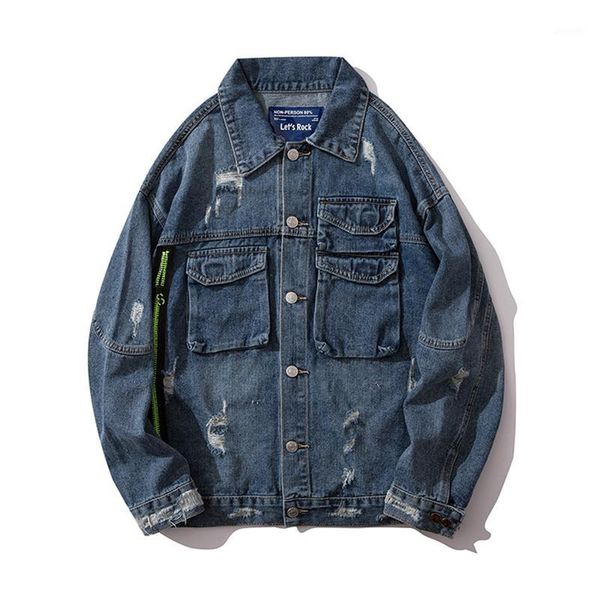 

mens zip up cargo denim jacket streetwear funny spoof printed jackets and coats 2019 fashion loose biker jean jackets for male1, Black;brown