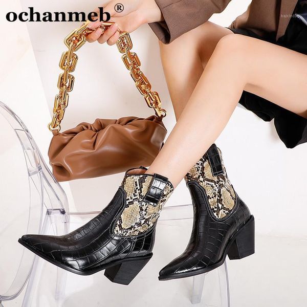 

boots small size 33 women snake print western mix-color shoes lady pointed toe chunky hoof heels cowgirl cowboy booties 431, Black