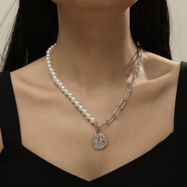 

punk imitation pearl choker necklace collar statement gold color round lasso pendant necklace for women jewelry, Silver