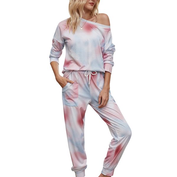 

women casual sport outfits workout tie dye long sleeve elastic drawstring trousers ribbed closing spring clothing tracksuit, White;black