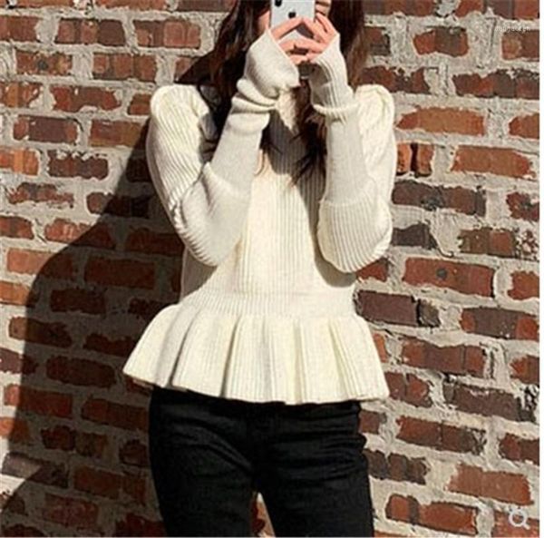 

women's sweater autumn winter 2020 korean cashmere o-neck long-sleeved high waist sweaters ruffled bottoming knitted 3a0011, White;black