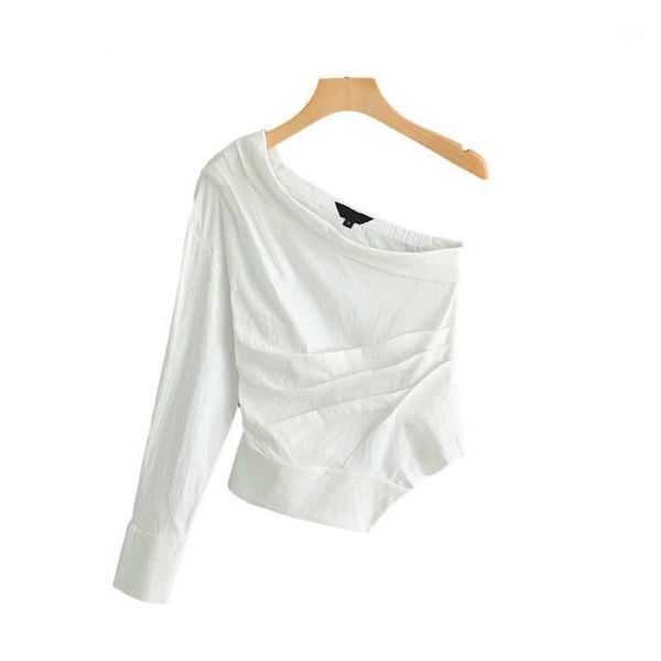 

women white irregular collar blouse single shoulder pleated party wear blusas1