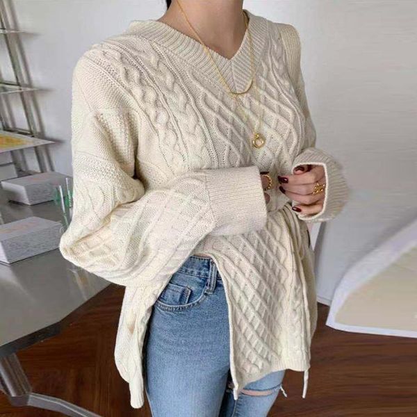 

ewq] 2021 spring women casual v-neck loose minimalist solid color apricot long sleeve lace up pullover knisweater 8y066, White;black
