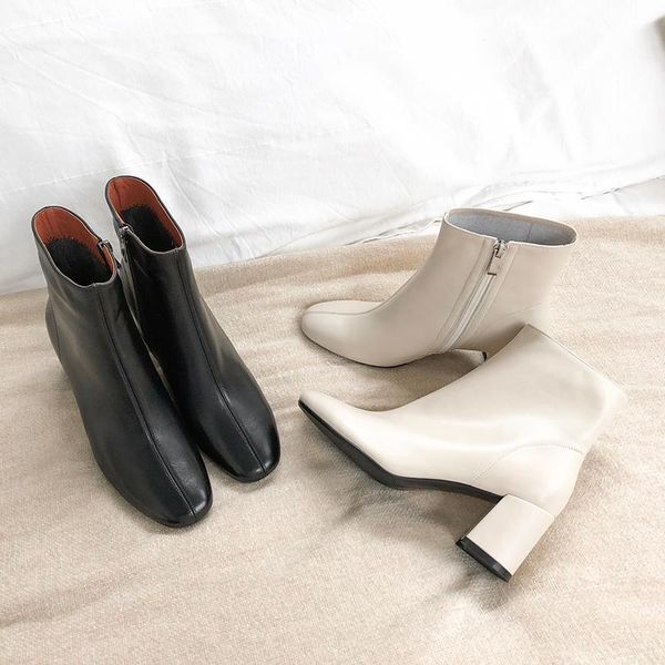 

office lady prom boots woman concise genuine leather women ankle boots 2021 winter square toe high heels, Black