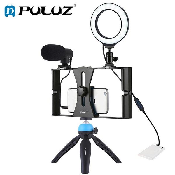 

puluz 4 in 1 vlogging live broadcast smartphone video rig +4.6 inch led selfie ring light & microphone +tripod mount+tripod head