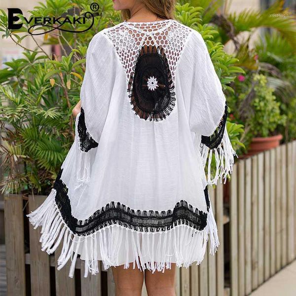 

everkaki kimono coats boho tassels embroidery hollow out transparent beach ladies coat kimonos female 2020 summer new1, Black;brown