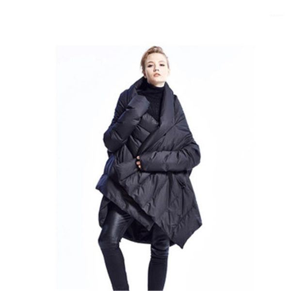 

winter women white duck down jacket 2019 fashion warm asymmetric long down coat female large size loose cloak parkas outwear1, Black