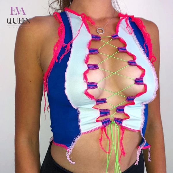 

women's tanks & camis evaqueen summer hollow-out vest women wind bright line stitching blouse contrast color strap slim-fit navel tank, White