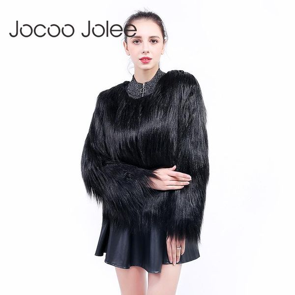 

women's fur & faux jocoo jolee furry coat women fluffy warm long sleeve outwear winter jacket hairy collarless overcoat plus size 6xl, Black