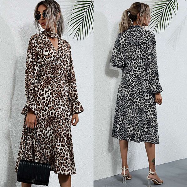 

leopard 2020 new style printing medium length print slim dress for women autumn winter, Black;gray