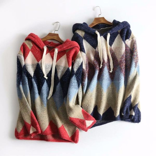 

women's sweaters diamond pattern long sleeve sweater women fashion color matching lace retro loose knitted hooded pullover female sprin, White;black