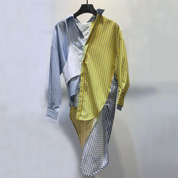 

ewq] korea loose patchwork women shirt lapel collar long sleeve hit color striped blouse for female fashion clothes new qv524, White