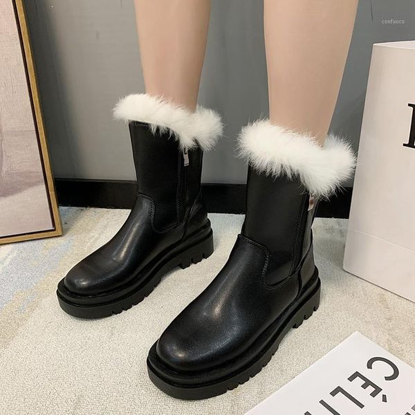 

rimocy thicken plush chunky ankle boots for women winter 2020 zipper platform pu leather shoes woman warm fur snow boots female1, Black