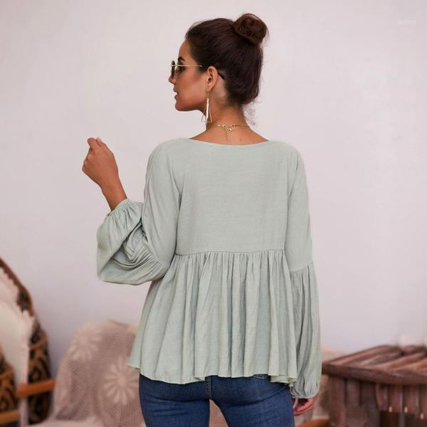 

womens v-neck long puff sleeve solid lace up blouse ladies causal shirt1, White