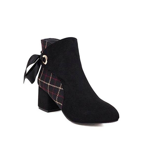 

2021 the new comfortable casual style round toe ankle plaid lace-up zipper high heels thick riding boots women's shoes a7bx, Black