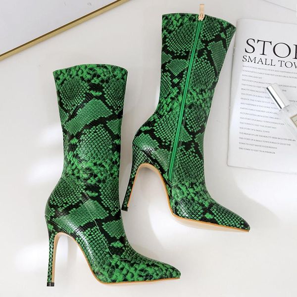 

boots 2021 autumn women green snakeskin mid calf thin high heels pointed toe leather serpentine designer winter zip, Black