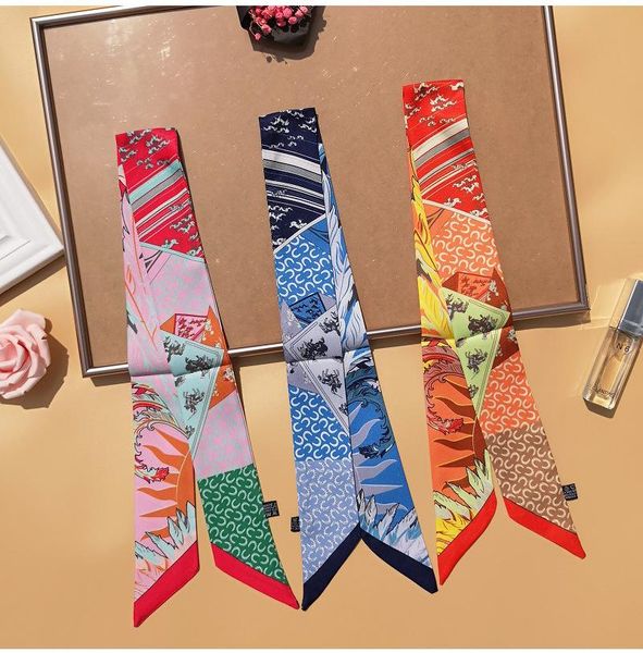 

new design skinny scarf double sided art print fashion women silk scarf small handle bag ribbons female head scarves&wraps b88, Blue;gray