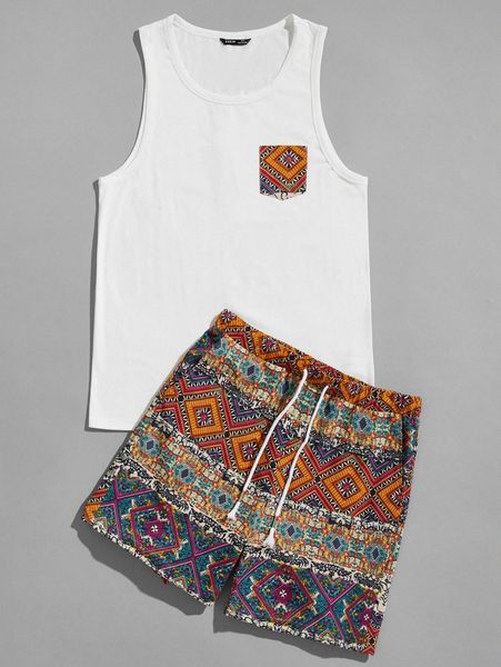 

men patch pocket tank & geo shorts set 52vh#, Gray