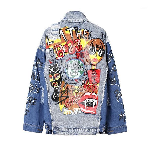 

spring hip hop streetwear letter graffiti print spliced women's jeans jacket ripped hole blue casual denim jackets female coat1, Black;brown
