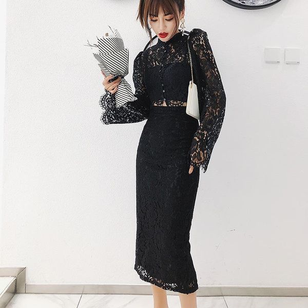

new arrival short lace blouse and wrap skirt modis autumn winter 2 piece set 2020 brand runway lace two piece set for ladies1, Gray