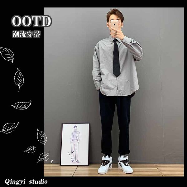 

suit grey long sleeve autumn casual youth korean student inch shirt men's tie