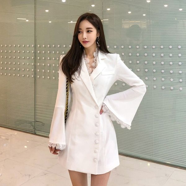 

flared рукав кружева 2020 весной и осенью мода темперамент пригонка платье dresslace dresssingle однобортного платье белого воротника женщин, Black;gray