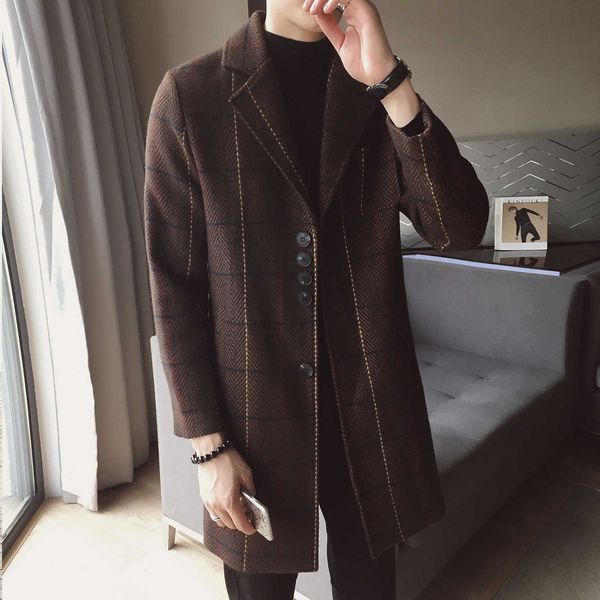 

2019 winter plaid windbreaker korean version medium long woolen men's casual fashion coat, Tan;black