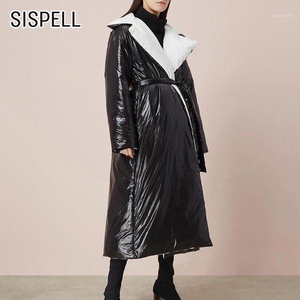 

sispell hit color pu leather women's cotton coats lapel collar long sleeve high waist lace up parkas female 2019 fashion clothes1, Black