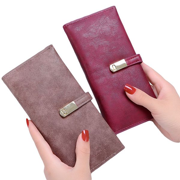 

women's pu leather long two-fold suction buckle student thin wallet frosted large-capacity purse wallet, Red;black